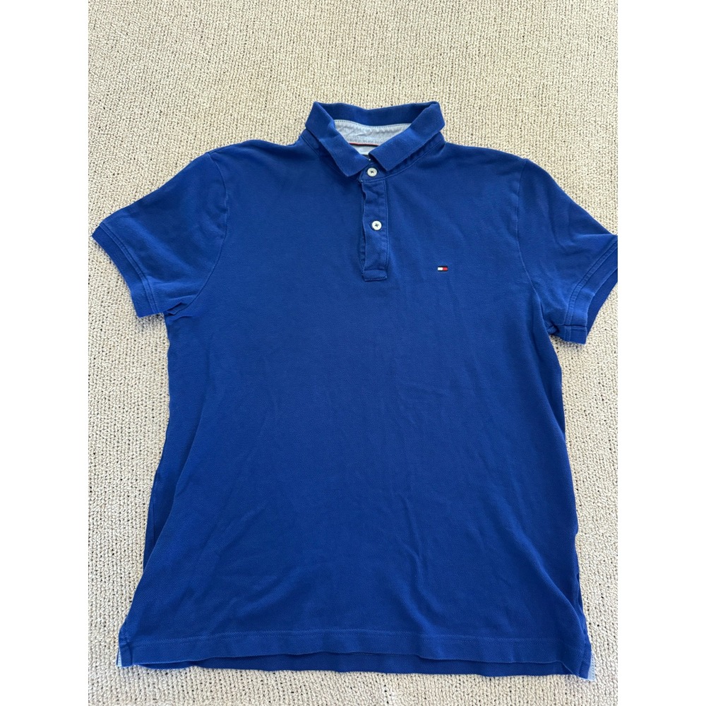 Tommy Hilfiger Mens Blue Short Sleeve Pique Polo Shirt Size M Flag Logo